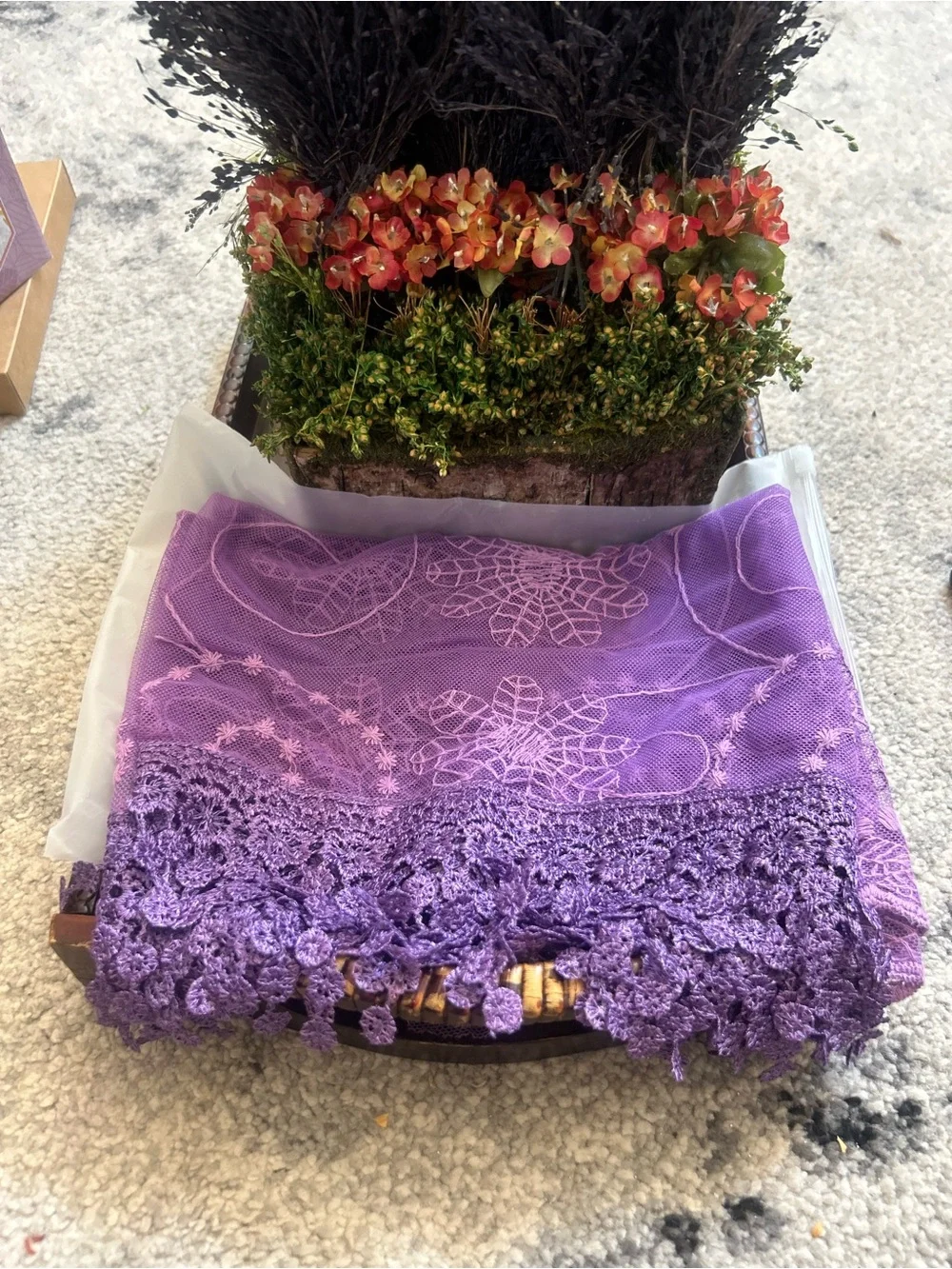 Floral Imprint Purple Scarf with Tassels